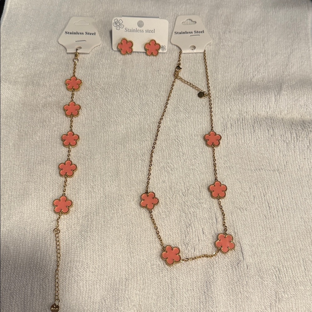 Pink Flower Stainless Steel Jewelry Set
